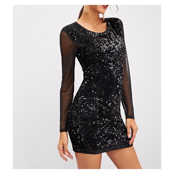 Black Mesh Sleeves Bodycon Sequin Party Dress - Picture 3 of 5